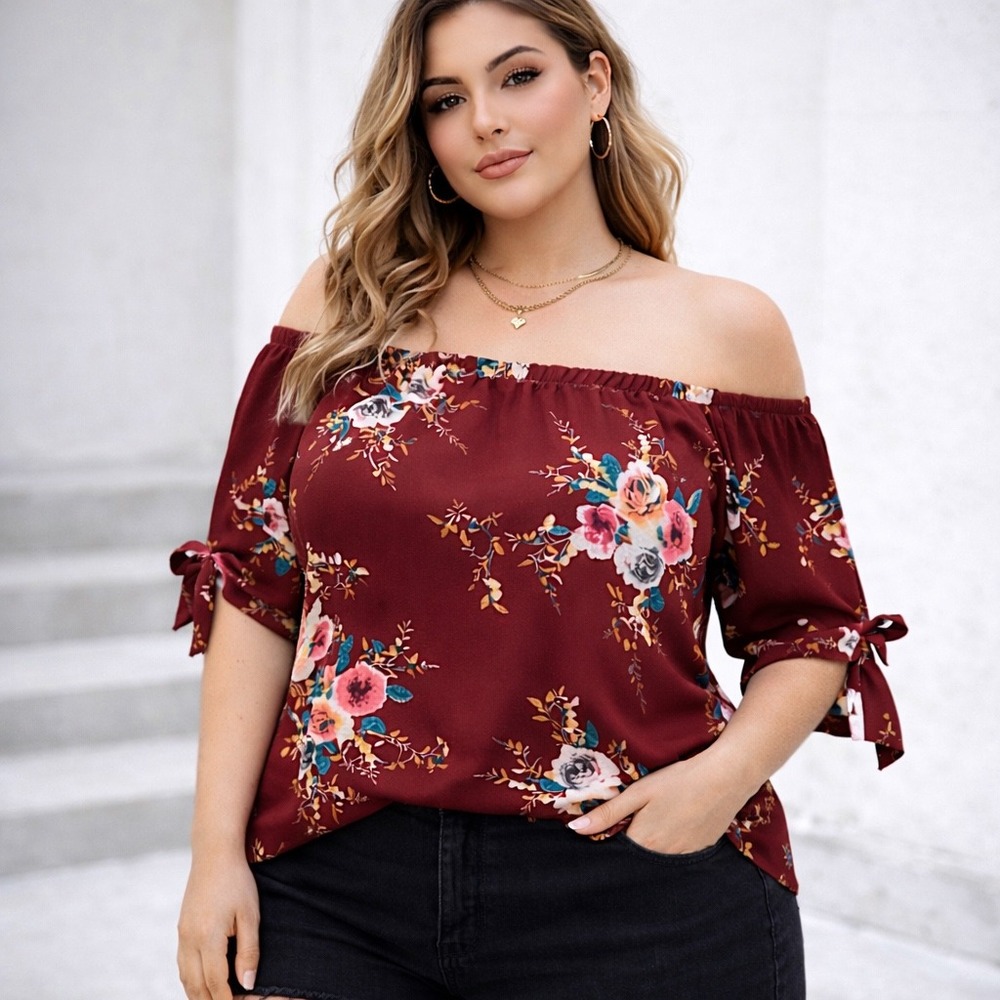 Burgundy Floral Off Shoulder Peasant Blouse Boho Romantic Plus Size 5XL